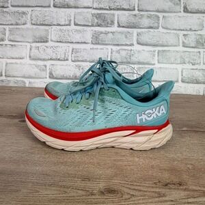 Hoka Clifton 8 Running Shoes Aqua Blue Red Womens 7.5